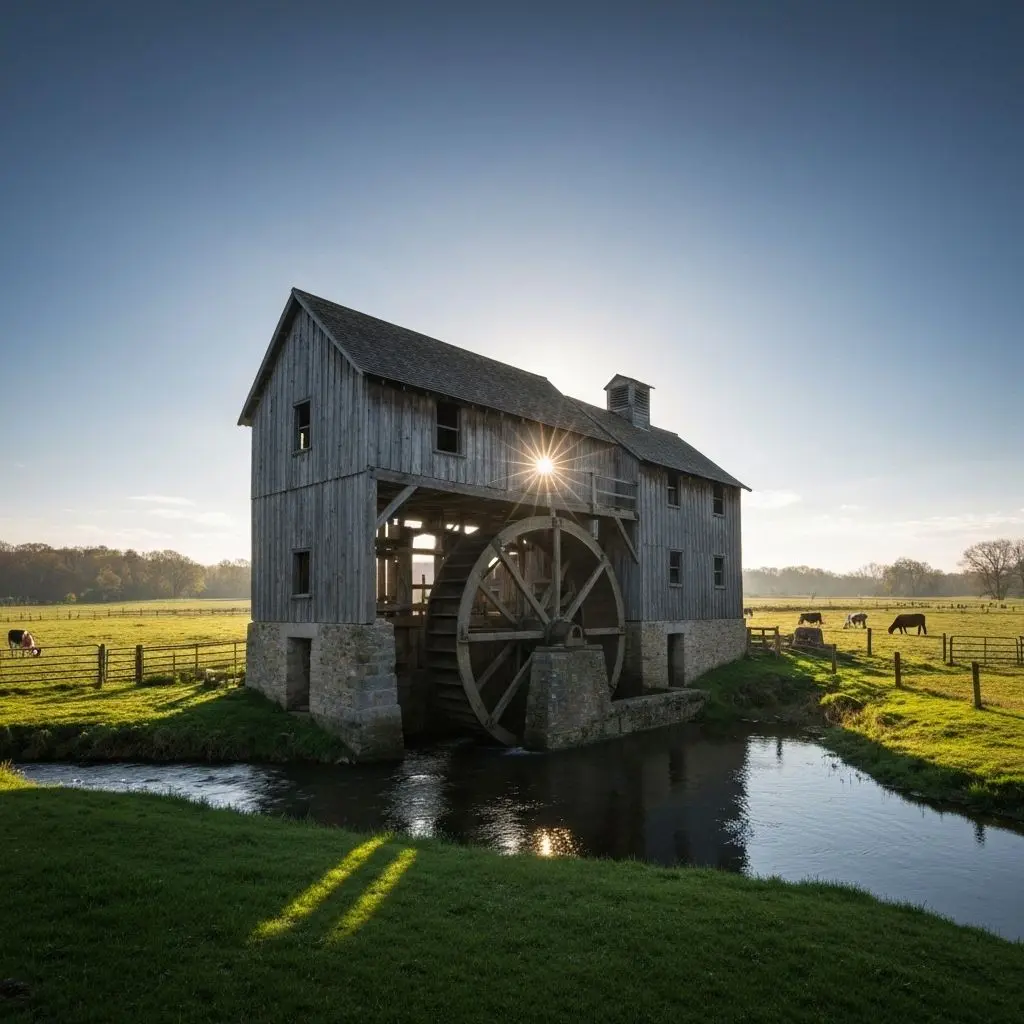 Historic 19th-century flour mill surrounded by nature